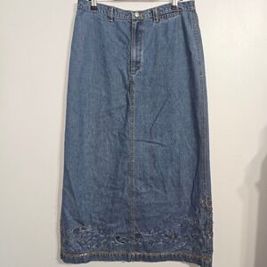 P#81 Chicos Design Denim Maxi‎ Skirt Womens Beaded Embroidery Details Cute sz 1